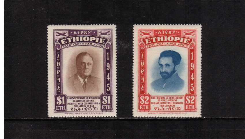 Death Anniversary of President Roosevelt AIR set of two superb unmounted mint showing  Roosevelt and Emperor Haile Selassie.