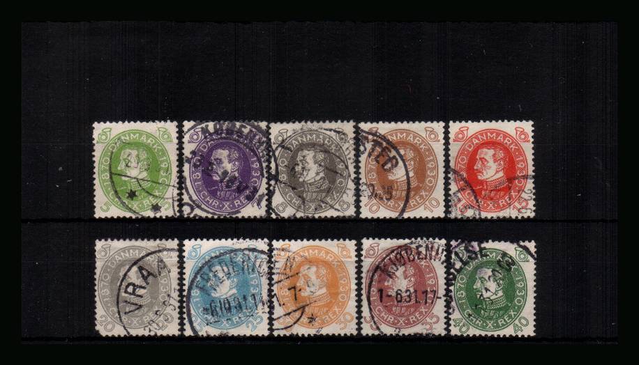60th Birthday of King Christian X<br/>
A very fine used set of ten but with a corner fault on the 20or. SG Cat 55