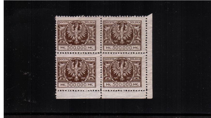 The 500,000m. Brown in a superb unmounted mint SE corner block of four.<br/>
SG Cat as mounted singles 28