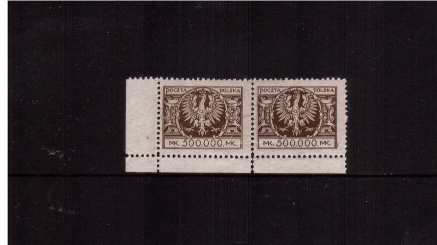 The 500,000m. Brown in a superb unmounted mint SW corner pair.<br/>
SG Cat as mounted singles 14