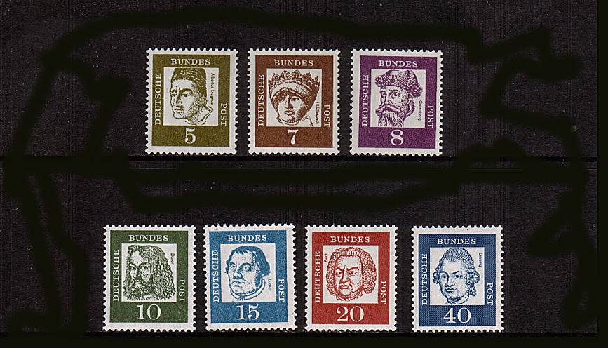 The Famous Germans set of seven on Fluorescent Papers or Ordinary Paper (40pf).<br/>
A superb unmounted mint set of seven.