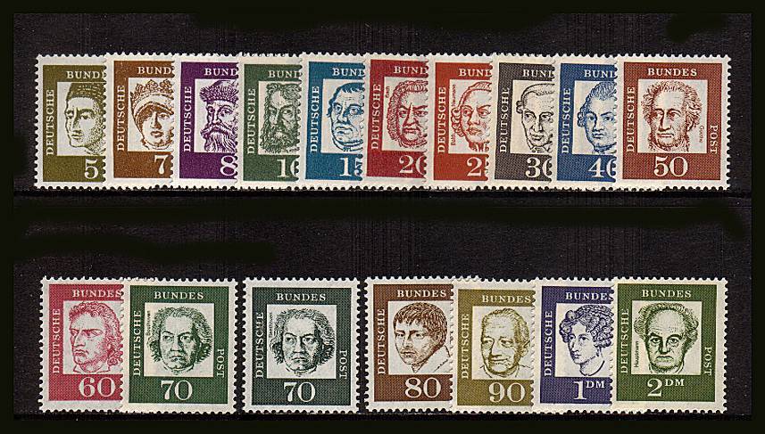 The Famous Germans set of sixteen plus the bonus of the<br/>SG listed shade of the 70pf superb unmounted mint.