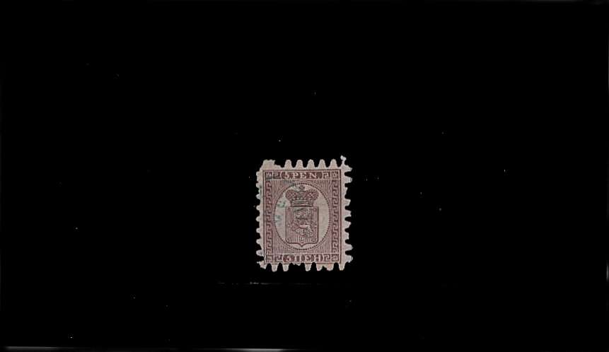 5p Purple-Brown on Grey - Thin, Vertically laid paper<br/>
A fine used stamp with two missing teeth.<br/>SG Cat £300
<br/><b>QBQ</b>