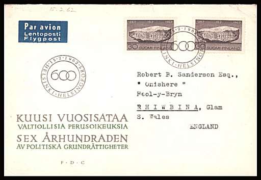 600th Anniversary of Finnish Peoples Political Rights single x2
<br/>on an illustrated First Day Cover with special cancel<br/><br/>


Note: The MICHEL catalogue prices a FDC at x6.5 times the used set price
