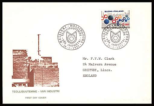 Finnish Industry single
<br/>on an illustrated First Day Cover with special cancel<br/><br/>


Note: The MICHEL catalogue prices a FDC at x6 times the used set price