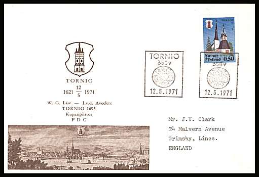 350th Anniversary of Tornio single
<br/>on an illustrated First Day Cover with special cancel<br/><br/>


Note: The MICHEL catalogue prices a FDC at x6 times the used set price
