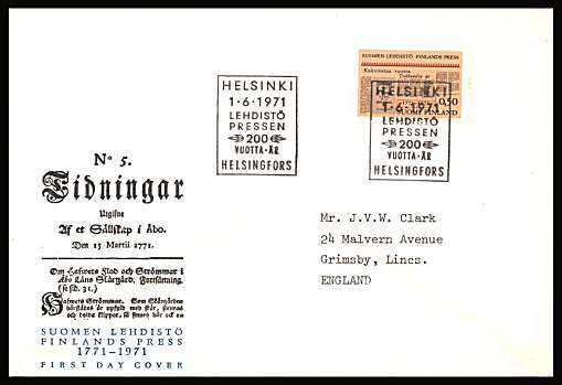 Bicentenary of Finnish Press single
<br/>on an illustrated First Day Cover with special cancel<br/><br/>


Note: The MICHEL catalogue prices a FDC at x6 times the used set price