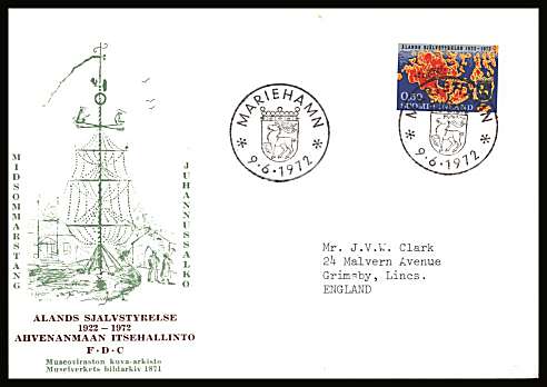 Local Self-Government for Aland single
<br/>on an illustrated First Day Cover with special cancel<br/><br/>


Note: The MICHEL catalogue prices a FDC at x10 times the used set price