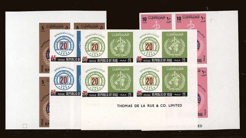 20th Anniversary of World Health Organisation<br/>
The set of four in imperforate corner blocks of four superb unmounted mint.<br/>
Footnote mentioned in Gibbons.