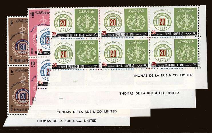 20th Anniversary of World Health Organisation<br/>
The set of four in superb unmounted mint THOMAS DE LA RUE & CO. LIMITED imprint blocks of six.