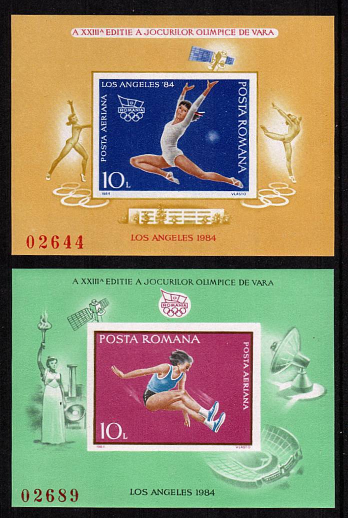 Olympic Games - Los Angeles - 2nd Issue<br/>
A superb unmounted mint pair on minisheets from a restricted printing. Listed in Michel AS BL207 and BL208 See footnote in Stanley Gibbons