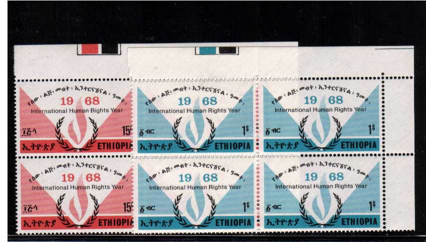 Human Rights Year set of two in superb unmounted mint corner blocks of four