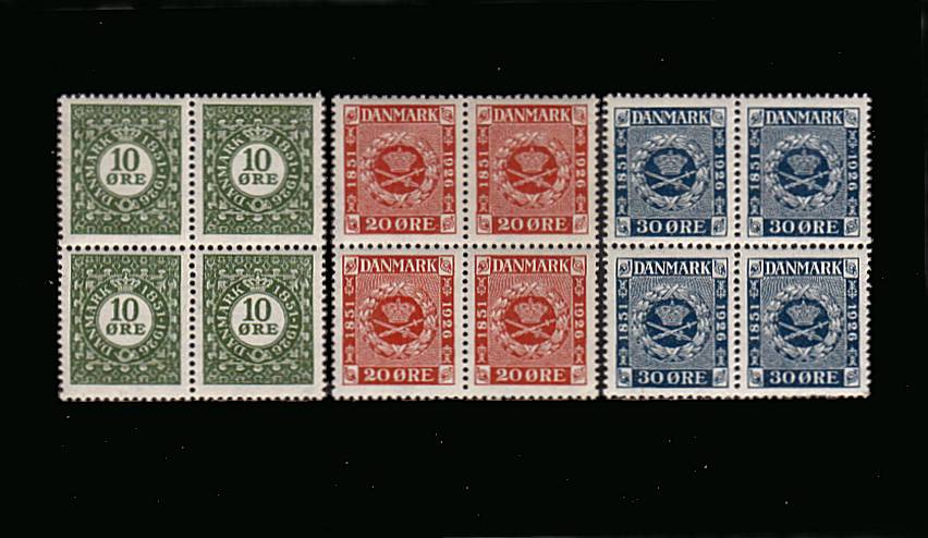 75th Anniversary of the First Danish Stamps<br/>set of three in superb unmounted mint blocks of four. Fine and fresh, so pretty!