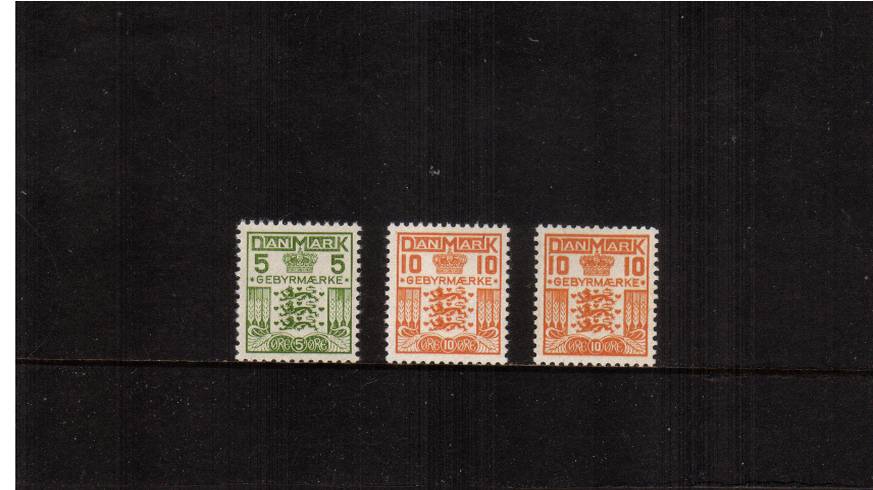 The 5or Green and 10or Yellow-Orange with the 10or Red Orange shade. Note there is a space for the shade in the Lighthouse album.
<br/>A superb unmounted mint set of three.