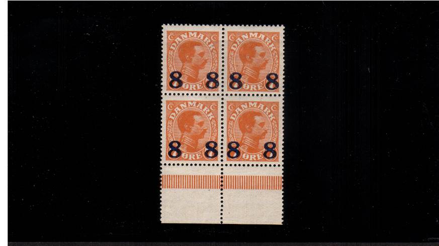 8or on 7or Orange - King Christian X<br/>
A superb unmounted mint surcharged lower marginal block of four.
