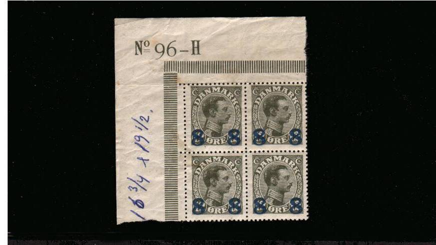 8or on 12or Olive Slate - TYPE B - King Christian X<br/>
An unmounted mint NW corner block of four<br/>
Some minor creasing in the margin but stamps are fine