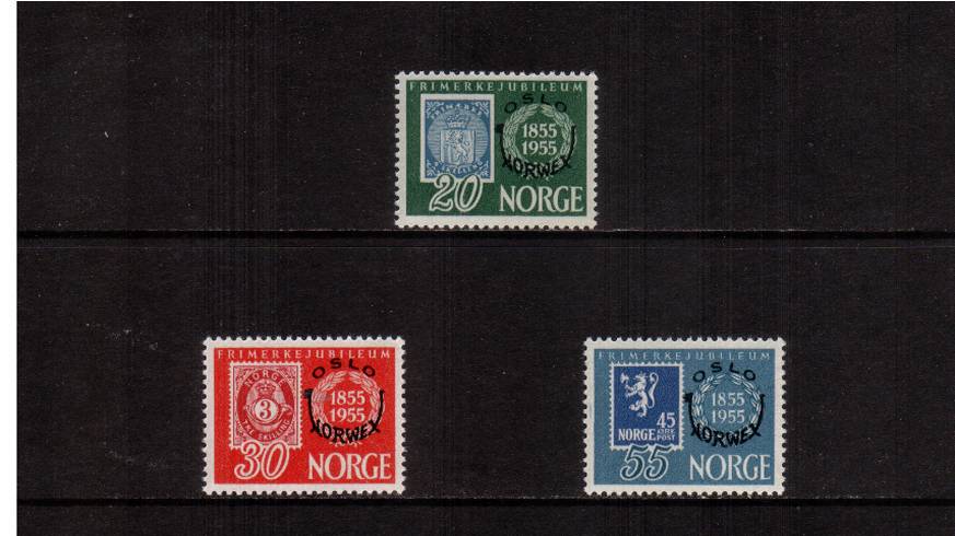 Stamp Centenary and International Stamp Exhibition - Oslo with NORWEX overprint.<br/>A superb unmounted mint set of three.
<br/>SG Cat £50.00