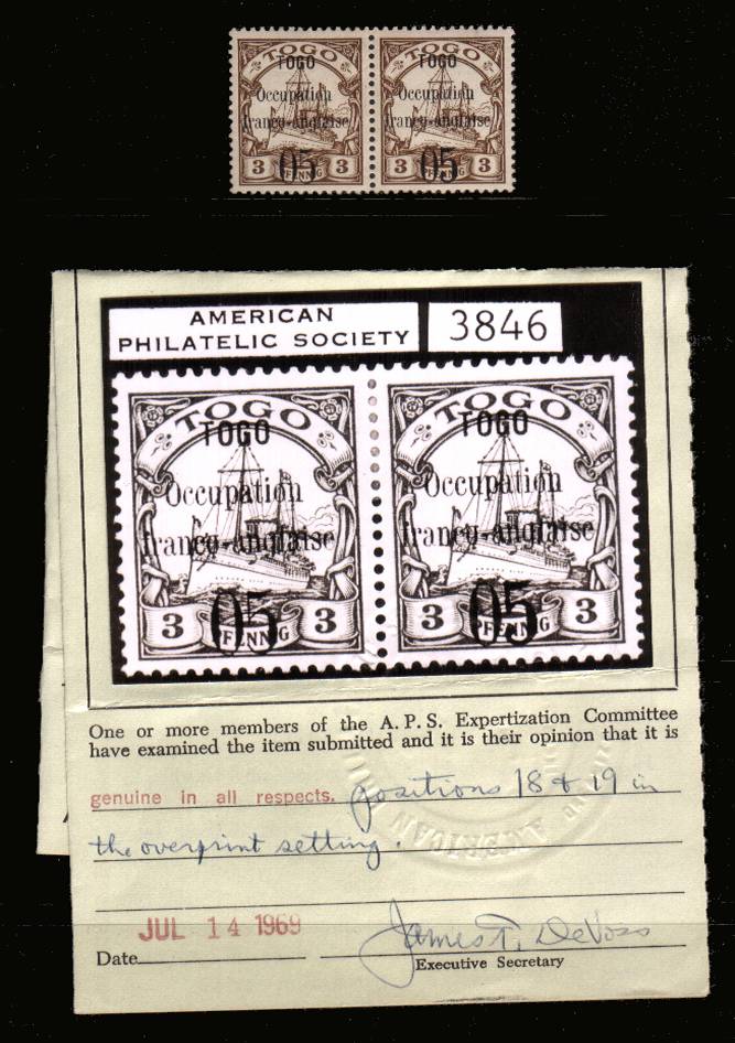 05 on 3pf Brown overprint on German Togo stamp<br/>
A superb very, very lightly mounted mint pair showing overprint Type V at left and Type IV at right. With APS Certificate. SG Cat 425.00<br/><b>QKX</b>