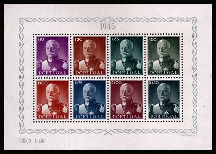 The President Carmona minisheet of eight.<br/>
The sheet is lightly mounted in two places on the margin thus the stamps are superb unmounted. SG Cat �5
<br/><b>QKX</b>