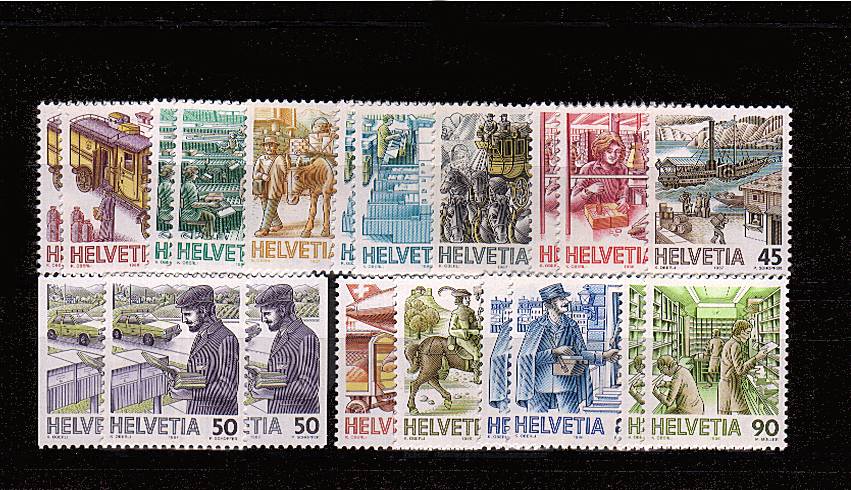 The Post Past and Present<br/>
A superb unmounted mint set of twelve<br/>with the additional SG listed different papers on six values plus the 50c perf variation.<br/>An ''every which way'' set!  SG Cat 29+
