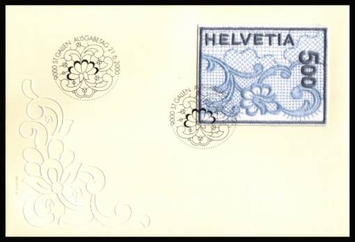 The famous St Gallen embroidery self adhesive stamp on First Day Cover. Scarce!<br/>
Please note cover is produced on Cream stock that does not scan evenly.