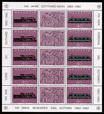 Centenary of St. Gotthard Railway.<br/>
Special sheelet of five se-tenant pairs.<br/>
SG Cat 10.50
