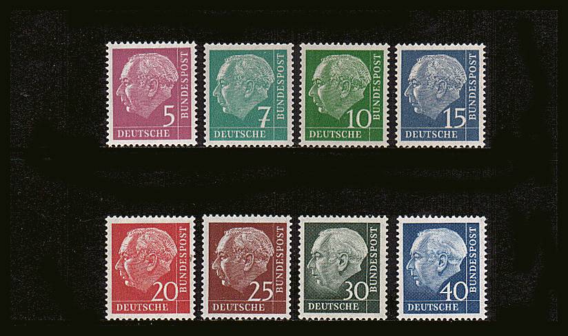 The President Heuss<br/>set of eight with
fluorescent printings all superb unmounted mint. Rare set!<br/>SG Cat �0+