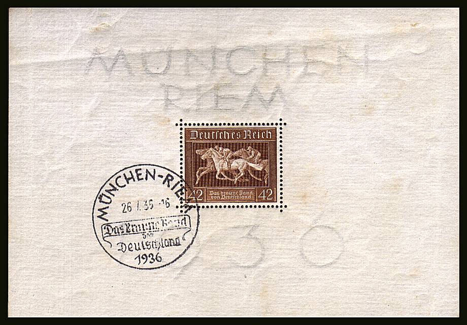 The Brown Ribbon Race Minisheet<br/>
A fine used example cancelled with a MUNCHEN-RIEM special handstamp with the odd light tone area.

