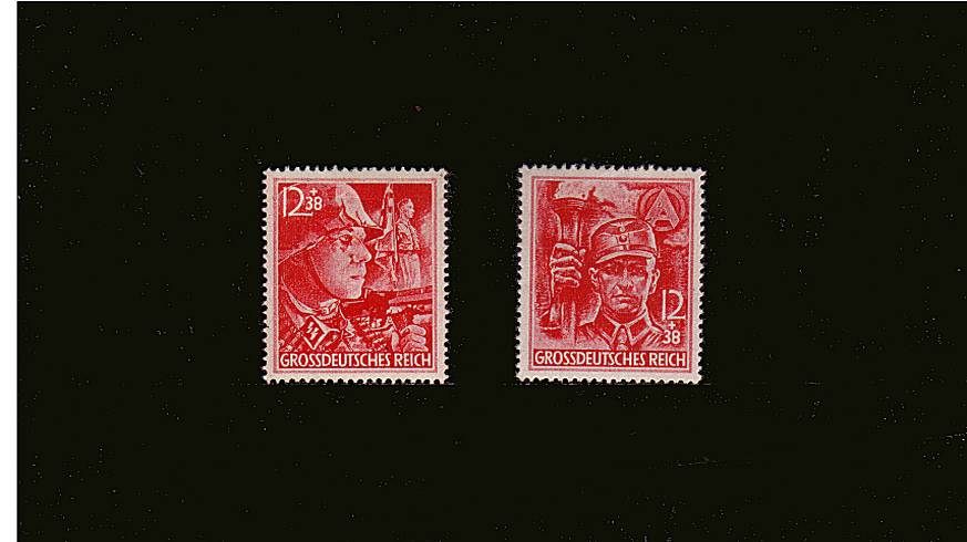 12th Anniversary of Third Reich.<br/>
The famous, final set to be issued a few days before<br/>
the downfall of Hitler in mounted mint condition.<br/>
Scarce set.