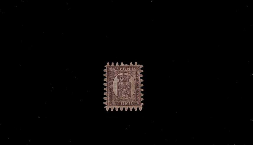 5p Purple-Brown - Wove Paper<br/>
A lightly mounted mint single.<br/>
The stamp has a small scuff NE corner.<br/>
SG Cat £600 
<br/><b>QBQ</b>