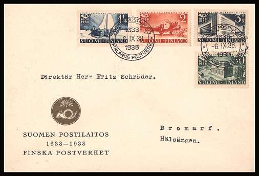 Tercentenary of Finnish Postal Service set of four
<br/>on an illustrated  First Day Cover<br/><br/>


Note: The MICHEL catalogue prices a FDC at x1.5 times the used set price