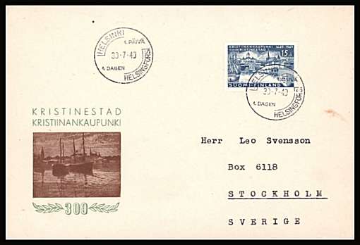 Tercentenary of Kristiinankaupunki single 
<br/>on an illustrated  First Day Cover<br/><br/>


Note: The MICHEL catalogue prices a FDC at x3 times the used set price
