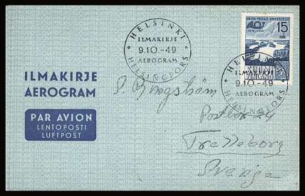 75th Anniversary of Universal Postal Union single cancelled with special handstamp on an<br/>AEROGRAM to Sweden
as a First Day Cover<br/><br/>


Note: The MICHEL catalogue prices a FDC at x5 times the used set price
