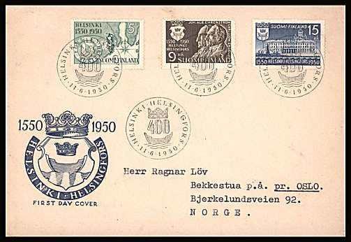 Fourth Centenary of Helsinki set of three
<br/>on an illustrated  First Day Cover<br/><br/>



