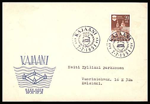 300th Anniversary of Founding of Kajaani single 
<br/>on an illustrated  First Day with minor faults. Cover<br/><br/>


Note: The MICHEL catalogue prices a FDC at x6 times the used set price
