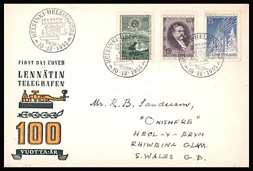 Centenary of TElegraphs set of three
<br/>on an illustrated  First Day Cover<br/><br/>


Note: The MICHEL catalogue prices a FDC at x1.5 times the used set price
