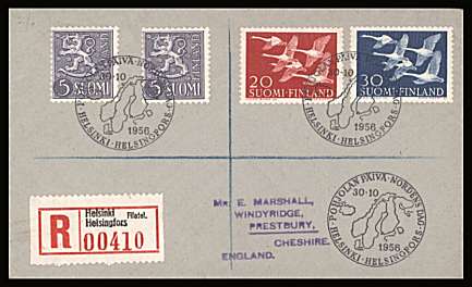 Northern Countries Day set of two

<br/>on a Registered First Day Cover to England<br/><br/>


Note: The MICHEL catalogue prices a FDC at x4 times the used set price
