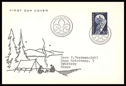 50th Anniversary of Boy Scouts Movement single
<br/>on an illustrated First Day Cover<br/><br/>


Note: The MICHEL catalogue prices a FDC at x3 times the used set price
