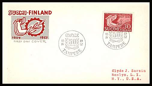 50th Anniversary of Finnish TRade Union MOvement single
<br/>on an illustrated First Day Cover<br/><br/>


Note: The MICHEL catalogue prices a FDC at x5 times the used set price

