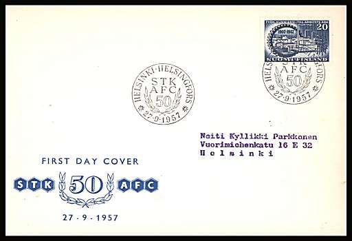 50th Anniversary of Central Federation of Finnish Employers single  
<br/>on an illustrated First Day Cover<br/><br/>


Note: The MICHEL catalogue prices a FDC at x5 times the used set price
