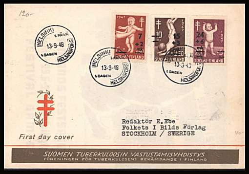 Anti-Tuberculosis Fund Surcharged set of three
<br/>on an illustrated First Day Cover<br/><br/>


Note: The MICHEL catalogue prices a FDC at x2 times the used set price
