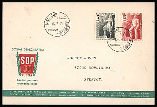 50th Anniversary of Labour Movement set of two
<br/>on an illustrated First Day Cover<br/><br/>


Note: The MICHEL catalogue prices a FDC at x1.4 times the used set price
