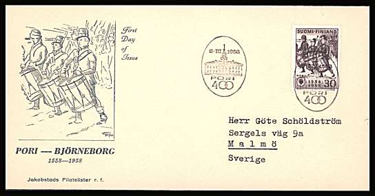 400th Anniversary of Pori single
<br/>on an illustrated First Day Cover<br/><br/>


Note: The MICHEL catalogue prices a FDC at x5 times the used set price
