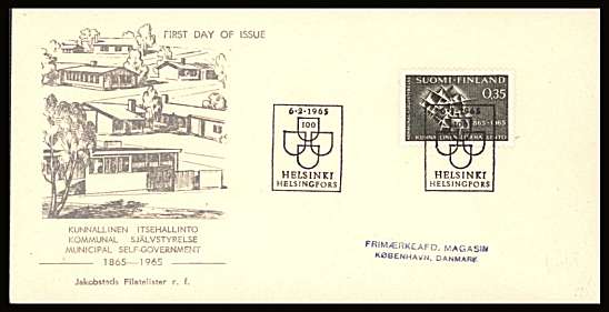 Centenary of Finnish Communal Self-Government single
<br/>on an illustrated First Day Cover with special cancel<br/><br/>


Note: The MICHEL catalogue prices a FDC at x5 times the used set price