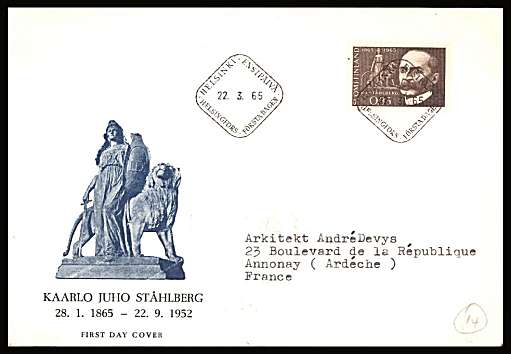 Birth Centenary of Stahlberg single
<br/>on an illustrated First Day Cover with special cancel<br/><br/>


Note: The MICHEL catalogue prices a FDC at x5 times the used set price