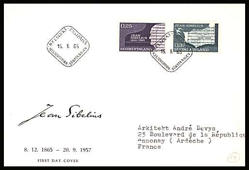 Birth Centenary of Sibelius set of two
<br/>on an illustrated First Day Cover with special cancel<br/><br/>


Note: The MICHEL catalogue prices a FDC at x3 times the used set price