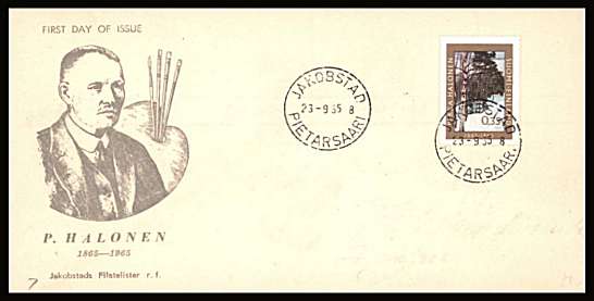 Birth Centenary of Halonen single
<br/>on an unaddressed illustrated First Day Cover with special cancel<br/><br/>


Note: The MICHEL catalogue prices a FDC at x5 times the used set price