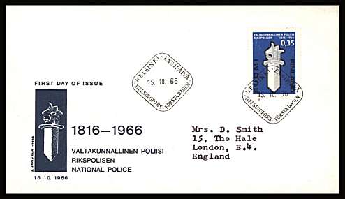 150th Anniversary of Finnish Police Force single
<br/>on an illustrated First Day Cover with special cancel<br/><br/>


Note: The MICHEL catalogue prices a FDC at x6.5 times the used set price