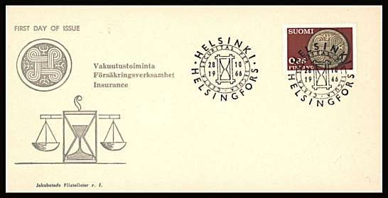 150th Anniversary of Finnish Insurance single
<br/>on an unaddressed illustrated First Day Cover with special cancel<br/><br/>


Note: The MICHEL catalogue prices a FDC at x6.5 times the used set price