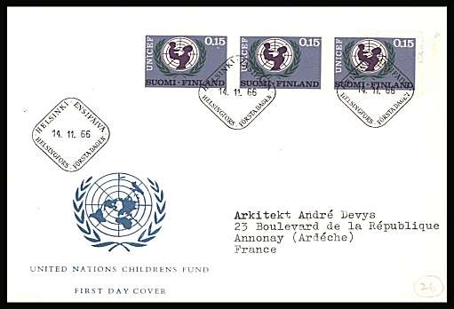 20th Anniversary of UNESCO single in a strip of three
<br/>on an illustrated First Day Cover with special cancel<br/><br/>


Note: The MICHEL catalogue prices a FDC at x6.5 times the used set price